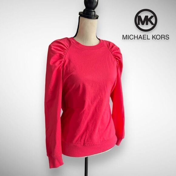 🚫SOLD🚫NWT Michael Kors Crew Neck Puff Shoulder Long Sleeve Top in Geranium - Picture 1 of 11